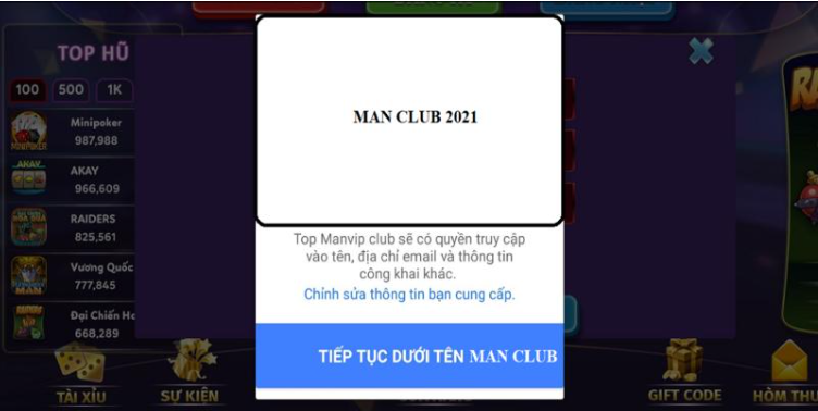 Đăng ký tài khoản Manclub bằng Facebook